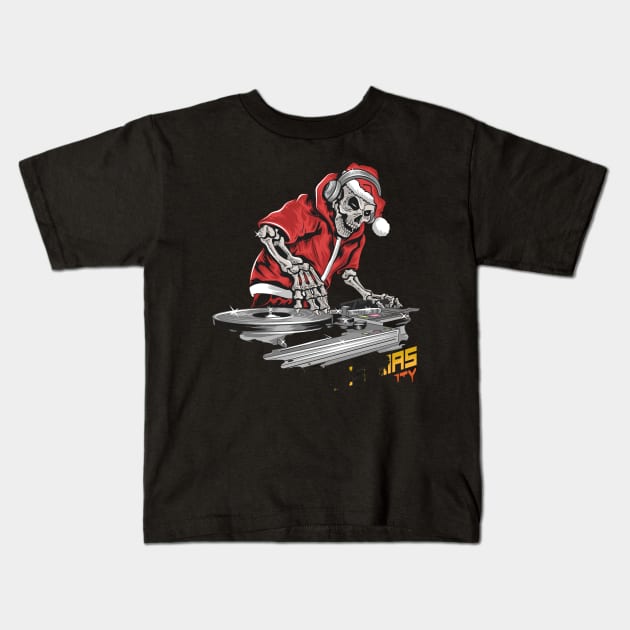 skull santa claus with christmas jacket hat dj party illustration Kids T-Shirt by windhamshop